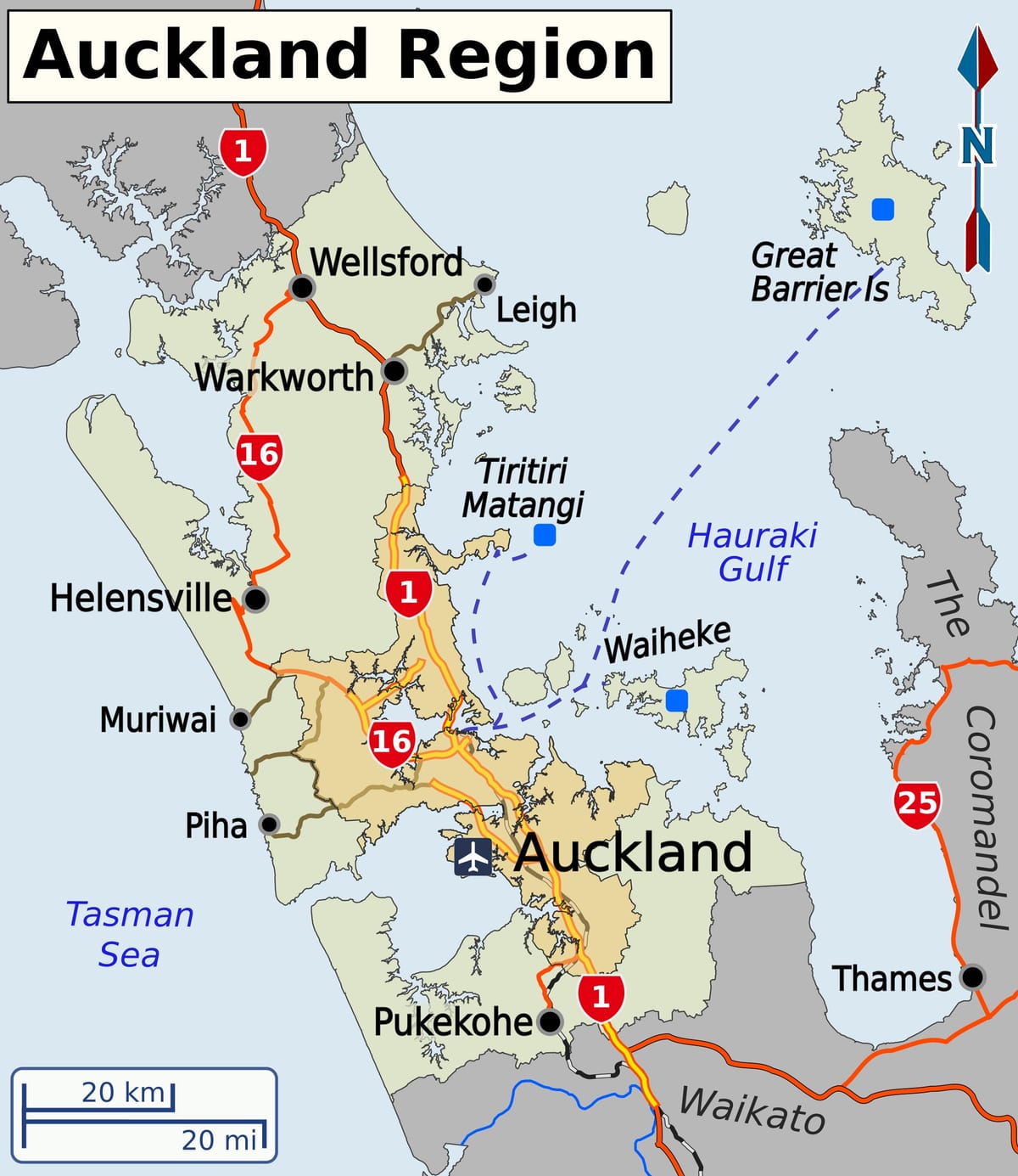 carte de la région d'Auckland